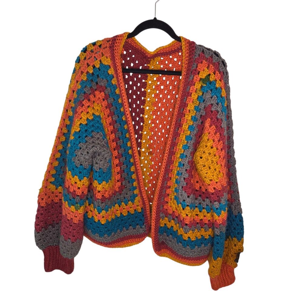 Handmade Crochet Hexagon Granny Square Cardigan Boho Oversized Sweater osfm